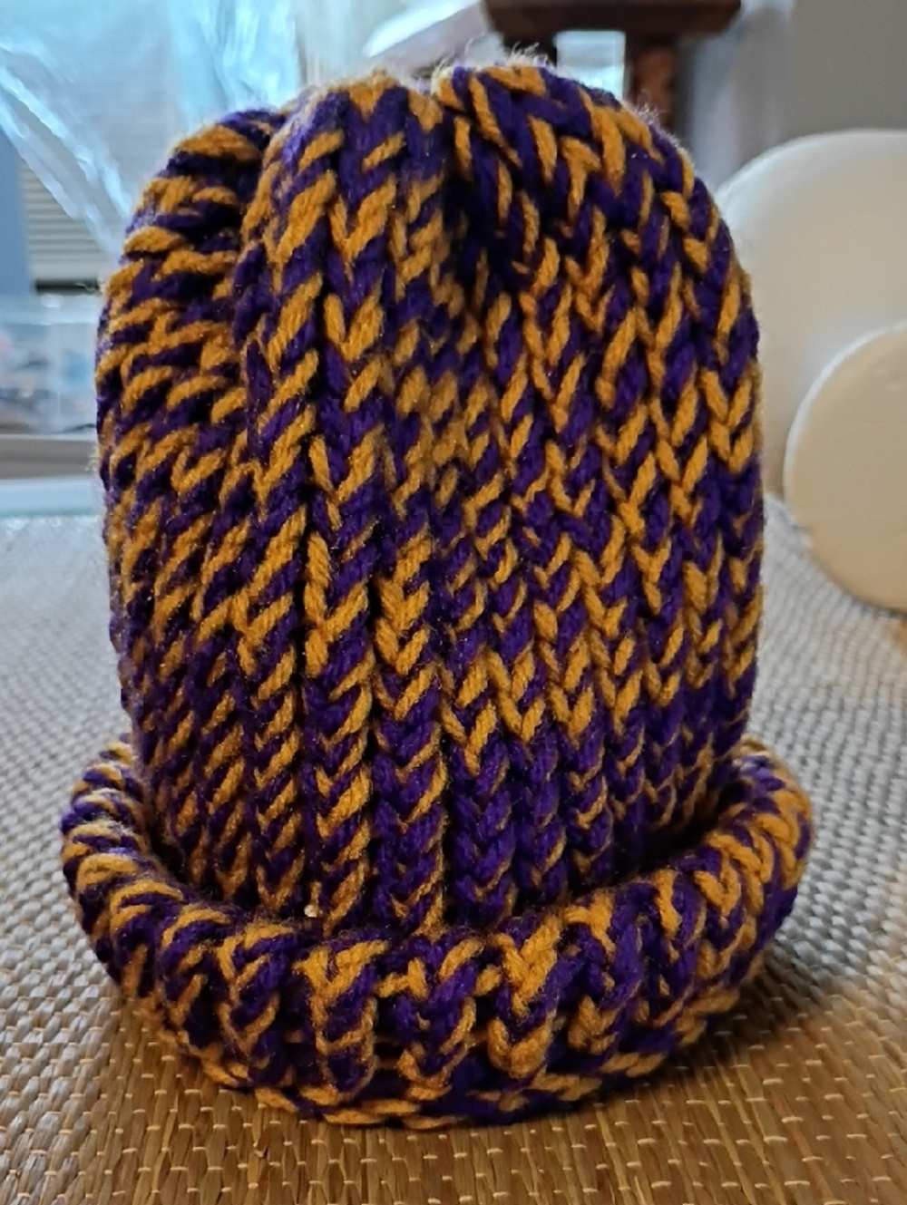 Hand-Knit Child's Chunky Beanie in LSU Purple & Gold